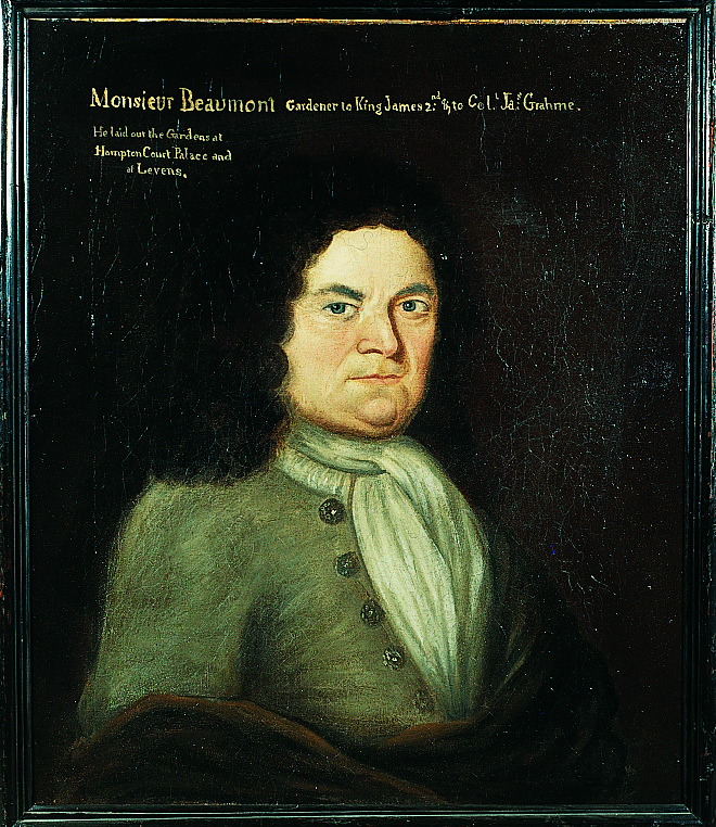 Portrait of Monsieur Guillaume Beaumont, the first head gardener and founder of the topiary garden at Levens Hall and Gardens, near Kendal, Cumbria, UK