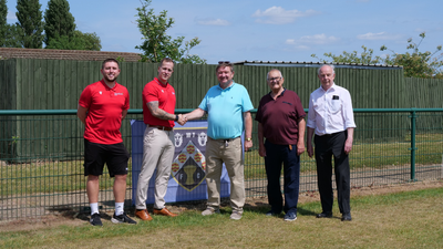 Left to right, Joe Pygall and Leigh Jones from Moulton College, Mark Darnell, Martin Potton and Mick Walden of Welligborough Town Football Club.png