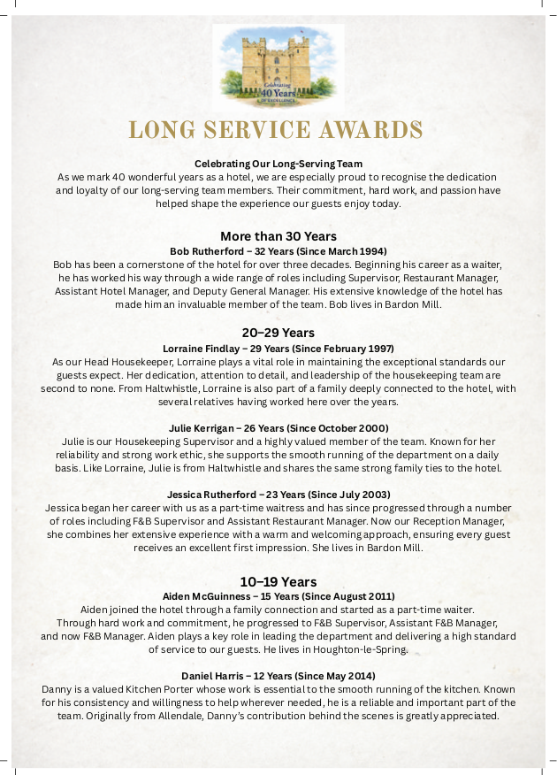 Details of long-serving members of staff at Langley Castle Hotel and Restaurant