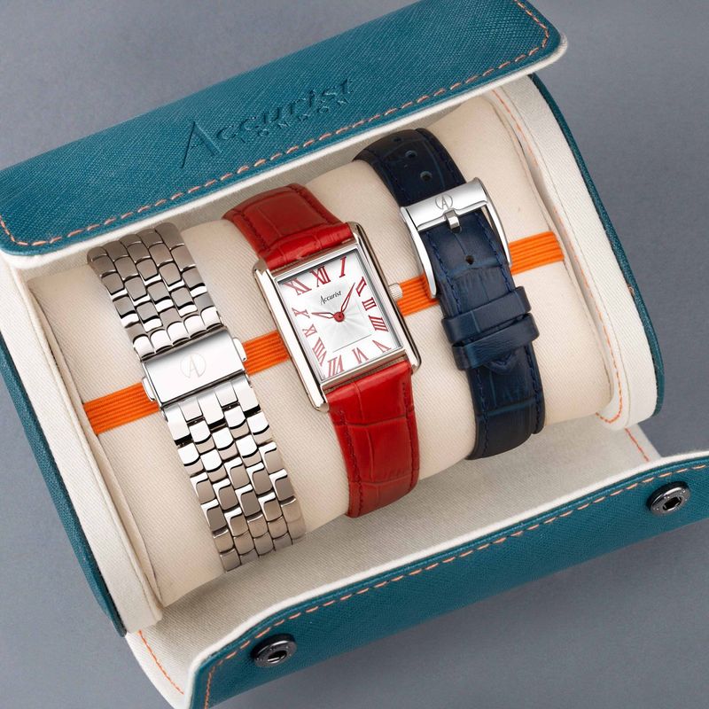 Accurist Coronation Rectangle Ladies Watch Gift Set 26mm | Silver Stainless Steel Bracelet | Navy Leather Strap