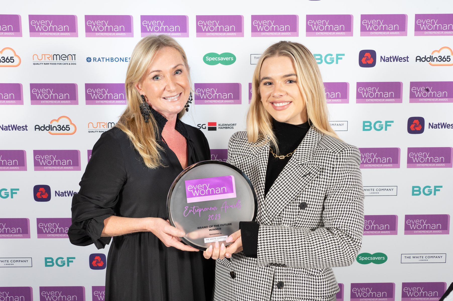Chrissie Rucker, The White Company, and Grave Beverley, Founder of TALA, Brand of the Future winner at the everywoman Entrepreneur Awards 2023. 
