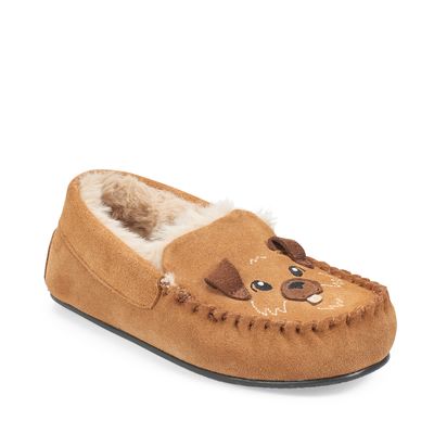 Snuggle Tan suede dog slip-on slippers