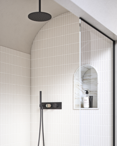 Ceiling Mounted Shower Head in Soft Black and Wall Mounted Thermostatic Mixer