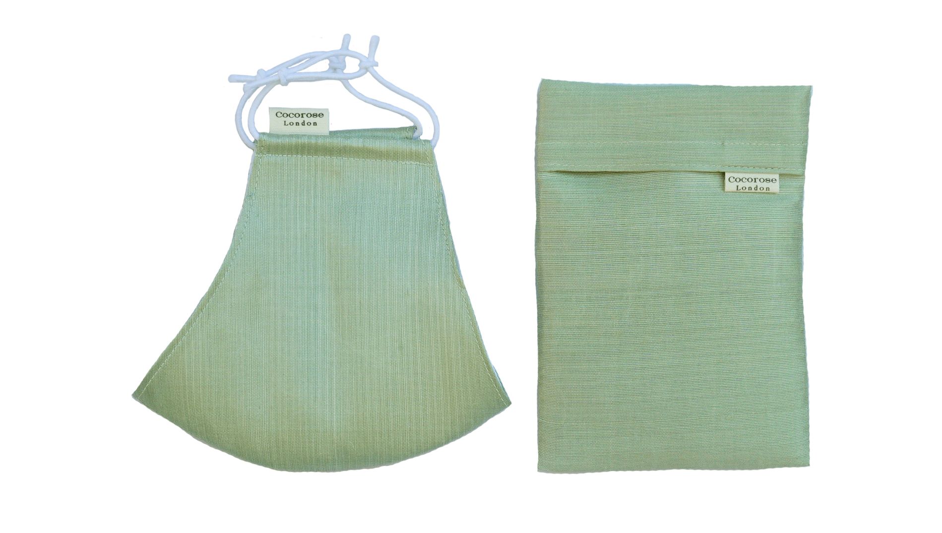 Sage green silk face mask with matching pouch, from Cocorose London