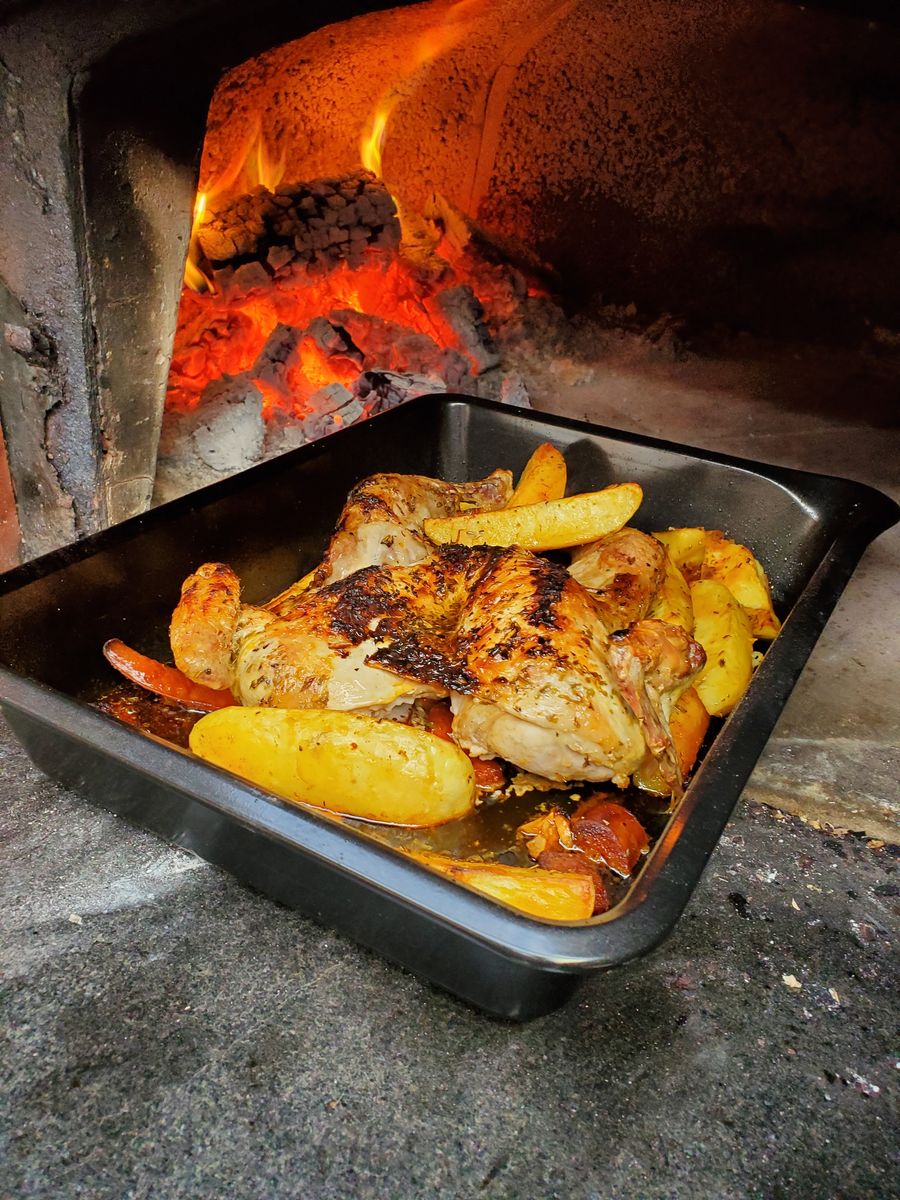 Roast chicken cooked in a Valoriani wood-fired oven