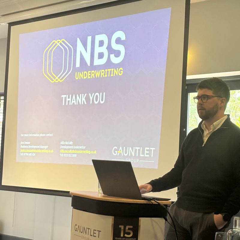 Alfie McCully of NBS Underwriting, speaking at the 2024 Gauntlet AR Conference