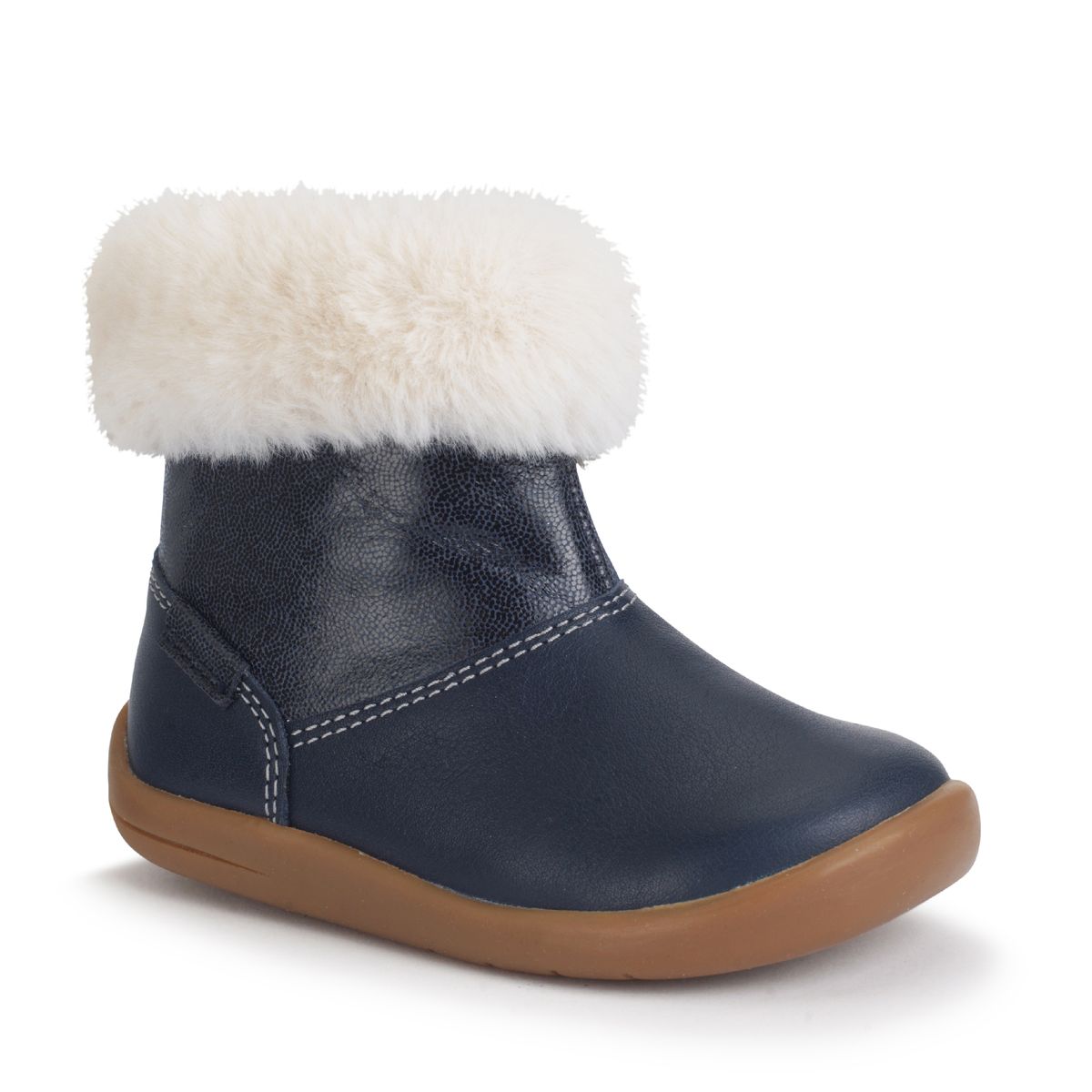 Start-Rite Flurry Navy leather girls zip-up fur first ankle boots