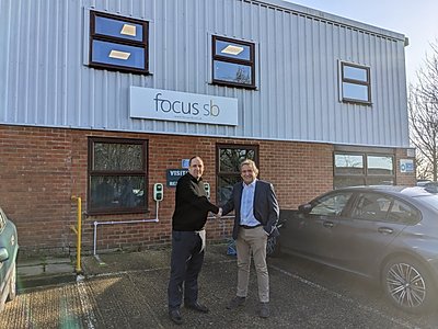 Duncan Ray, Head of Strategic Partnerships, Focus SB (left)  with Paul Foulkes, KNX Business Manager for Theben UK (right) at Focus SB's head office and main factory in St Leonards on Sea, East Sussex