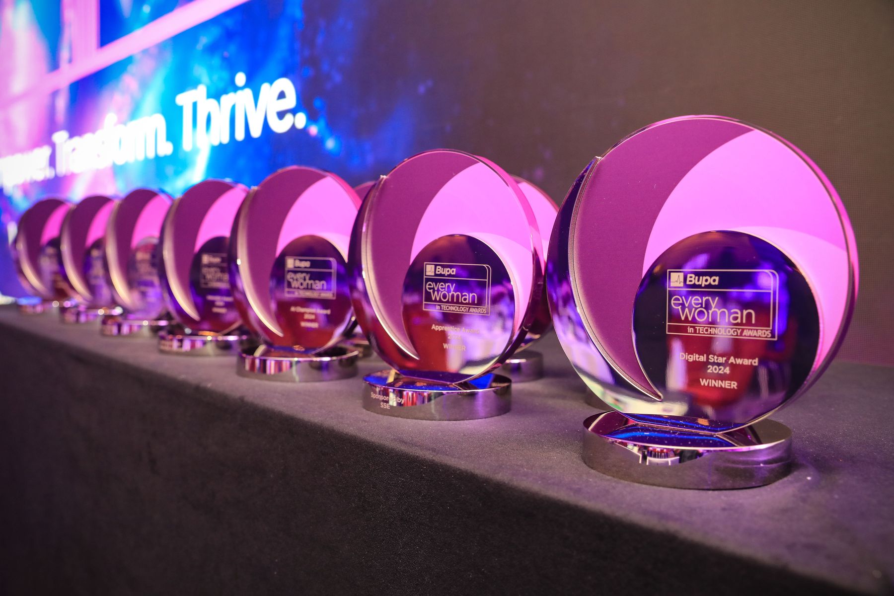 2024 Bupa everywoman in Technology Awards trophies