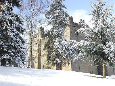 Langley Castle Hotel, Northumberland, in the snow