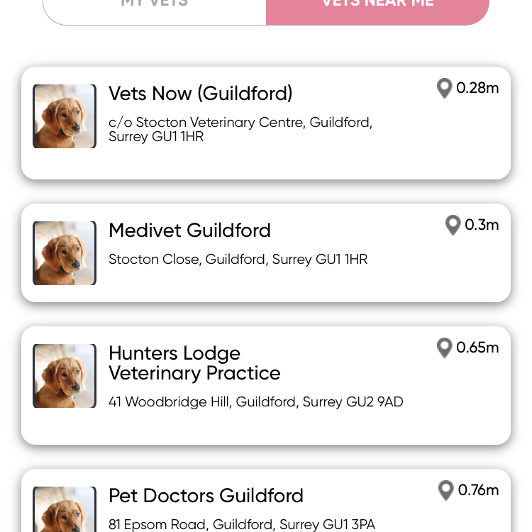 Vet search screen from the PetPanion app