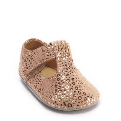 Rhyme Rose gold suede/leopard girls t-bar pre-walking pram shoes