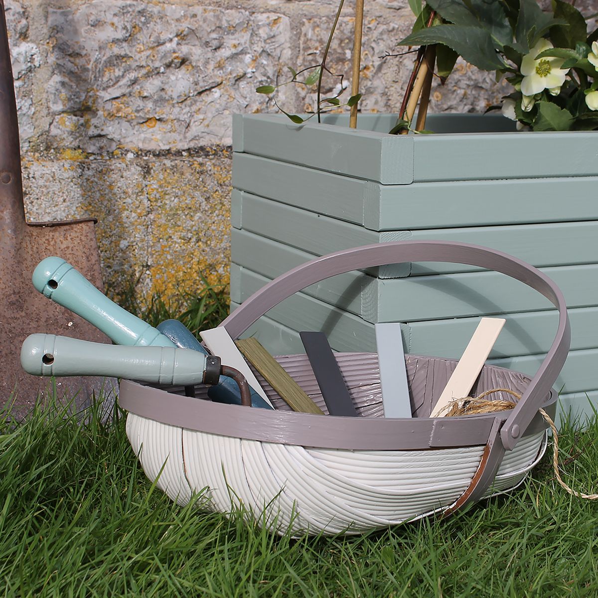 Trug in Thorndown Cow Parsley White and Ottery Brown Wood Paint and Planter in Old Sage Green