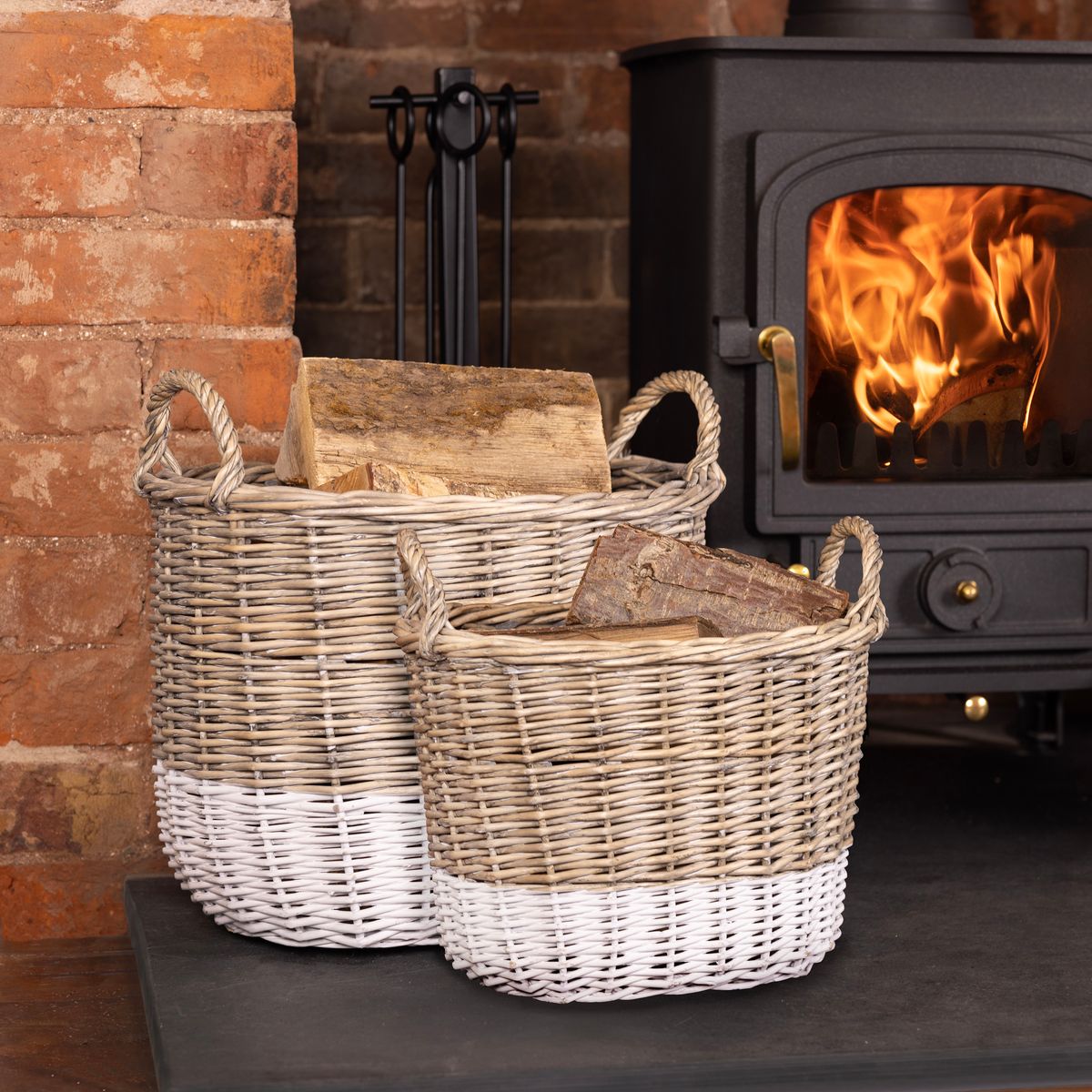 Snug Set Of Two Toned Wicker Log Baskets 
