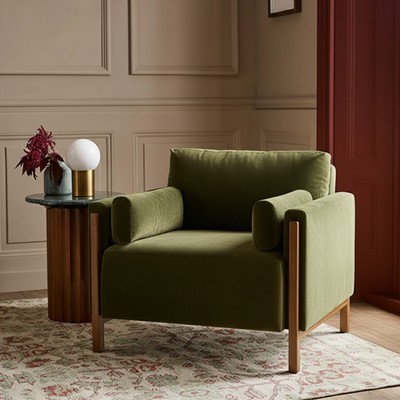 Audrey Exposed Wood Frame Armchair in Green Velvet