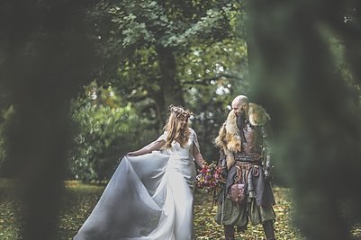 Couple in the grounds at Langley Castle Hotel, Northumberland