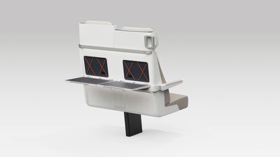 Rear view of pair of ALIZÉ seats with both tables open and arms down 