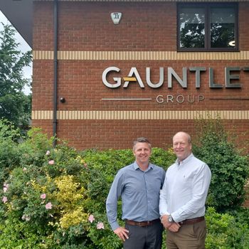 Paul Howley (the first broker from the Gauntlet Brokerage Builder programme) and Roger Gaunt,  outside the Gauntlet Group HQ in Leeds.