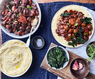 Mushroom Bourguignon With Creamy White Bean Mash & Kale Crisps.