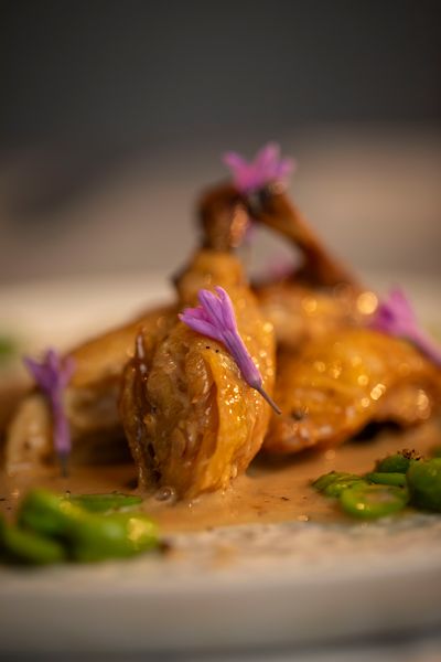 Poussin with Broad Beans and a Creamy Cepe Mushroom Sauce