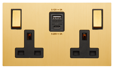2G 13A switched sockets with USBs, Ochre finish
