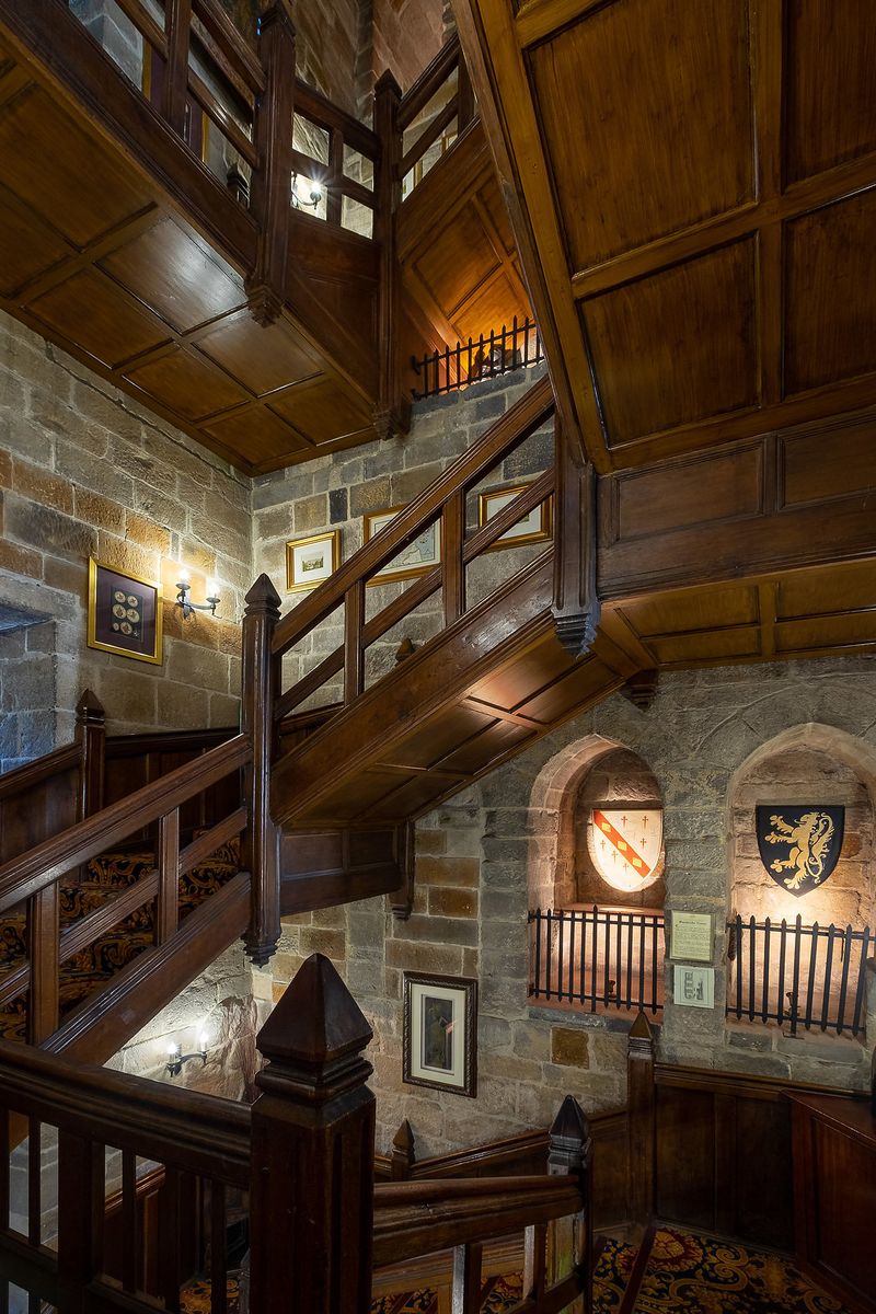 Garderobe staircase at Langley Castle Hotel, Northumberland, UK,