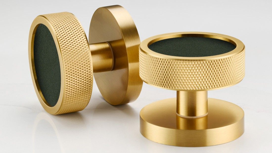 Suggested Header Pushka Home, Brass and Green Leather Knurled Mortice Door Knob in Gold, £70, 8518890.jpg