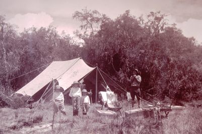 Mike Cottars and his three kids fly camping in northern kenya 1920s.JPG