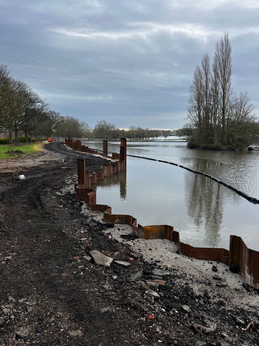 Sheet piling works undertaken by Sheet Piling (UK) Ltd, in Pontefract Park, Yorkshire.