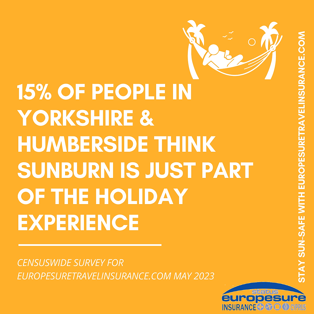 Graphic from sun awareness survey by Europesure Travel Insurance (www.europesuretravelinsurance.com), May 2023, showing how many people in Yorkshire & Humberside think sunburn is just part of the holiday experience.