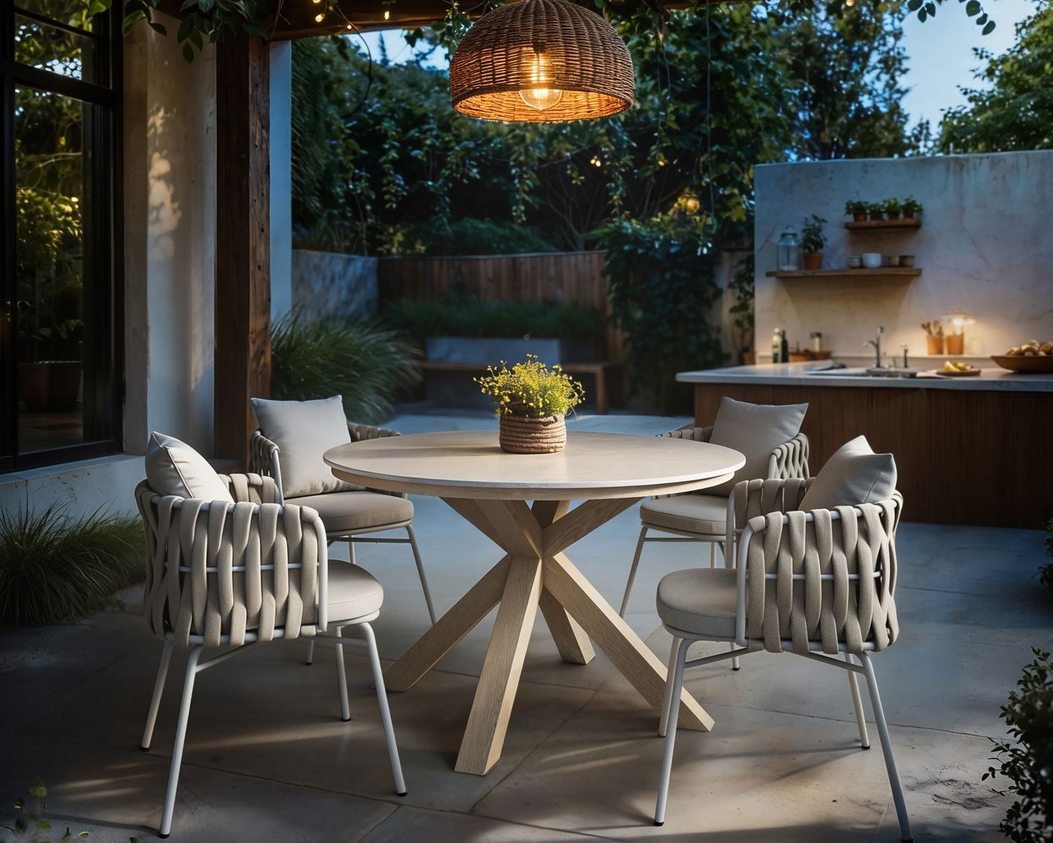 SOLACE+CO Florence Round Garden Sintered Stone Dining Table Wood & Louisa Chairs Beige Set of 4