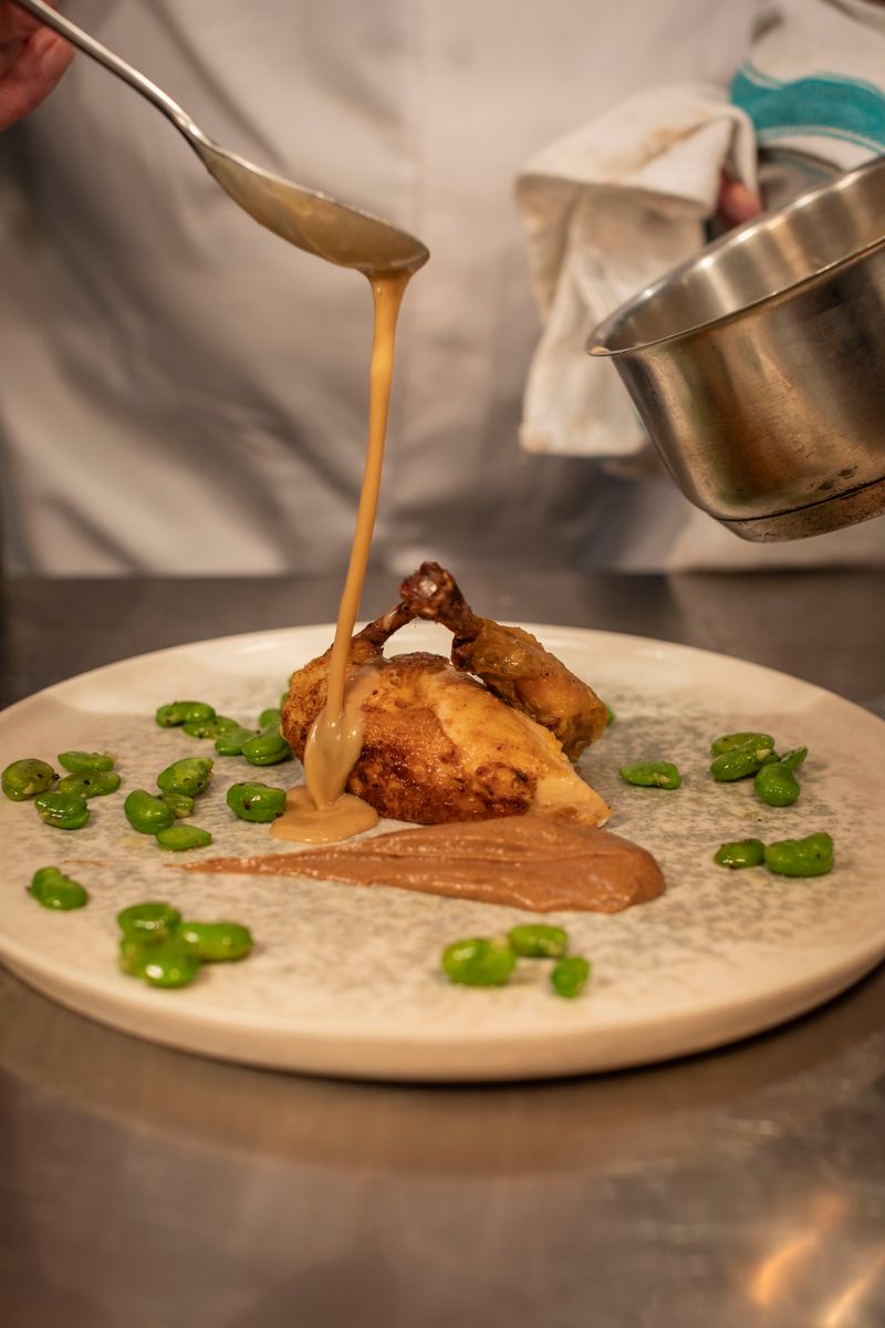 Poussin with Broad Beans and a Creamy Cepe Mushroom Sauce