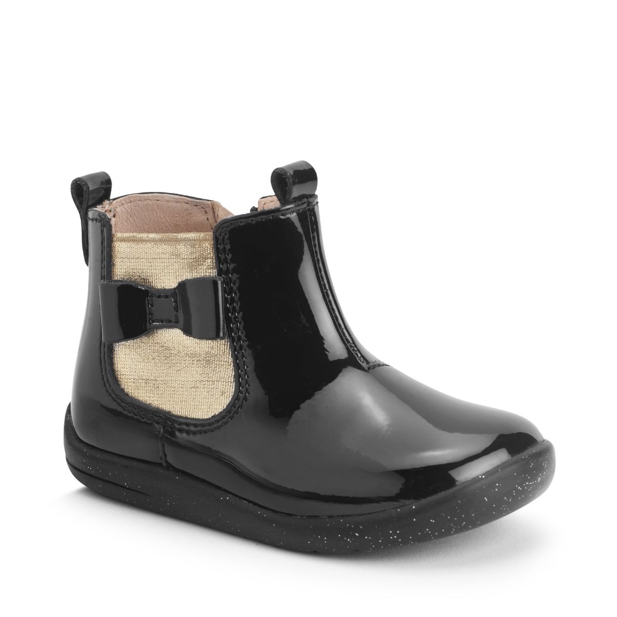 Wonderland, Black patent/gold girls zip-up first Chelsea boots