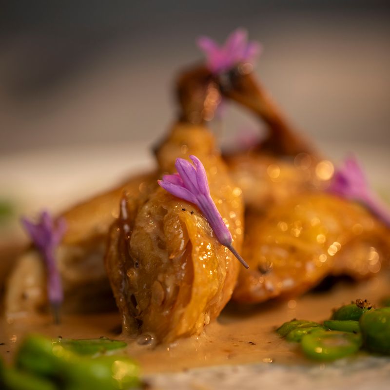 Poussin with Broad Beans and a Creamy Cepe Mushroom Sauce