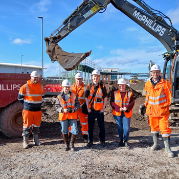 Pic Caption - Hereford College of Arts students Leah Jackson, Joe Brooks and Grace Still, pictured on site at Hereford ‘s new Transport Hub with Jordan Latchford, Shaun Williams, Richard Flanigan and Dave Williams.jpg
