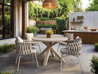 SOLACE+CO Florence Round Garden Sintered Stone Dining Table Wood & Louisa Chairs Beige Set of 4