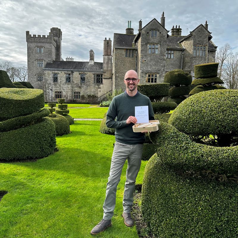 Levens Hall & Gardens owner, Richard Bagot, with the Topiary Message in a Bottle