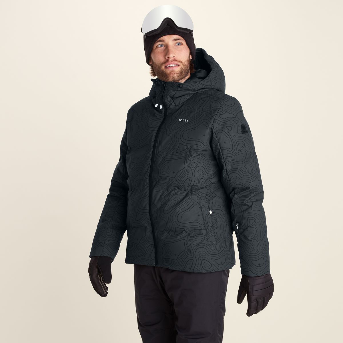 Davos Mens Shower Resistant Insulated Ski Jacket - Black Terrain Print