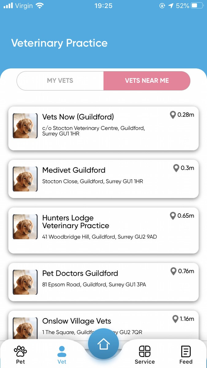 Vet search screen from the PetPanion app