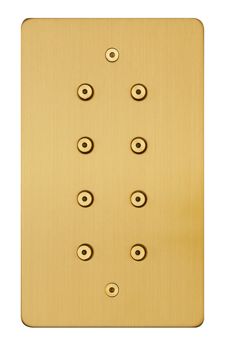 8 gang vertical, 8 buttons with LEDs, satin brass finish