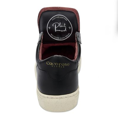 Back view of the new plant-powered Kew trainer from Cocorose London, in black,