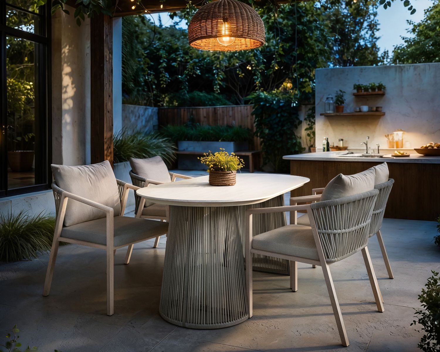 SOLACE+CO Hana Oval Garden Dining Table Beige with Lynden Chairs Set of 4 Beige Rattan