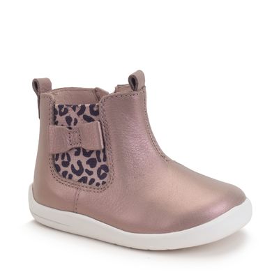 Wonderland Pearlised taupe leather/leopard girls zip-up first Chelsea boots