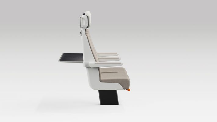 Side view of a pair of ALIZÉ rail seats with arms in normal position and tables open at the back.