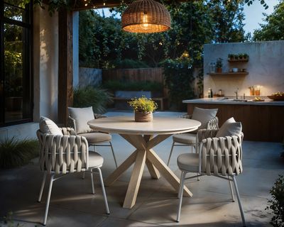 SOLACE+CO Florence Round Garden Sintered Stone Dining Table Wood & Louisa Chairs Beige Set of 4