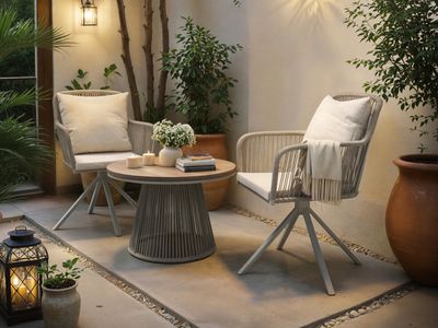 SOLACE+CO Hana Side Table White & Juno Swivel Chairs Beige Rattan