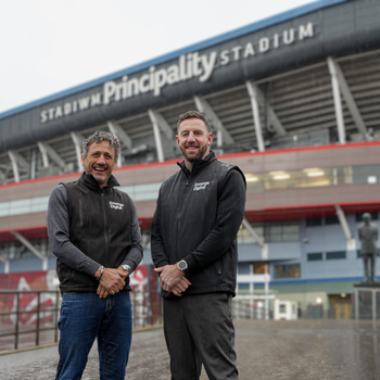 Nigel Church, CEO of Emerge Digital and Alex Cuthbert outside the Principality Stadium in Cardiff