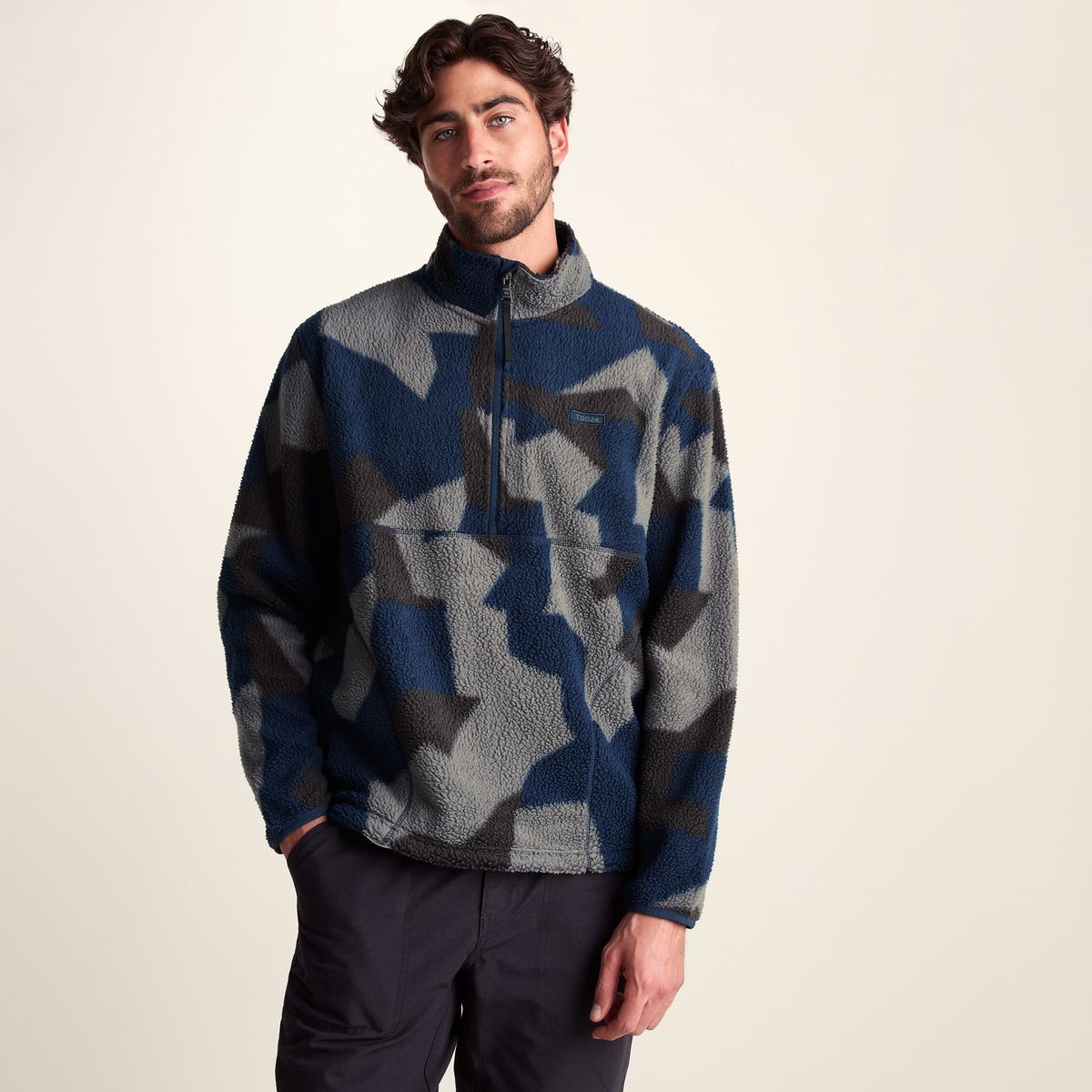 Zermatt Mens Relaxed Fit Sherpa Fleece Zip Neck - Blue Geo Camo Print