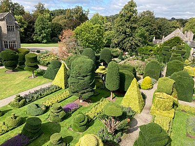 Aerial shot of part of the world's oldest topiary garden at Levens Hall and Gardens, near Kendal, Cumbria, UK