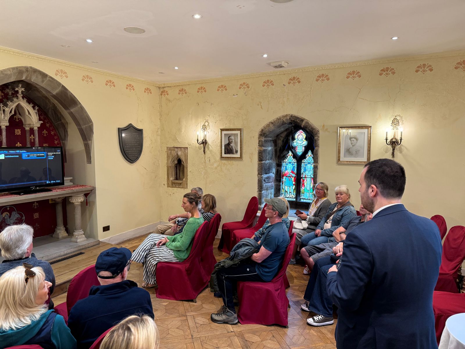 Langley Castle hotel guests in the chapel on the Battlements,